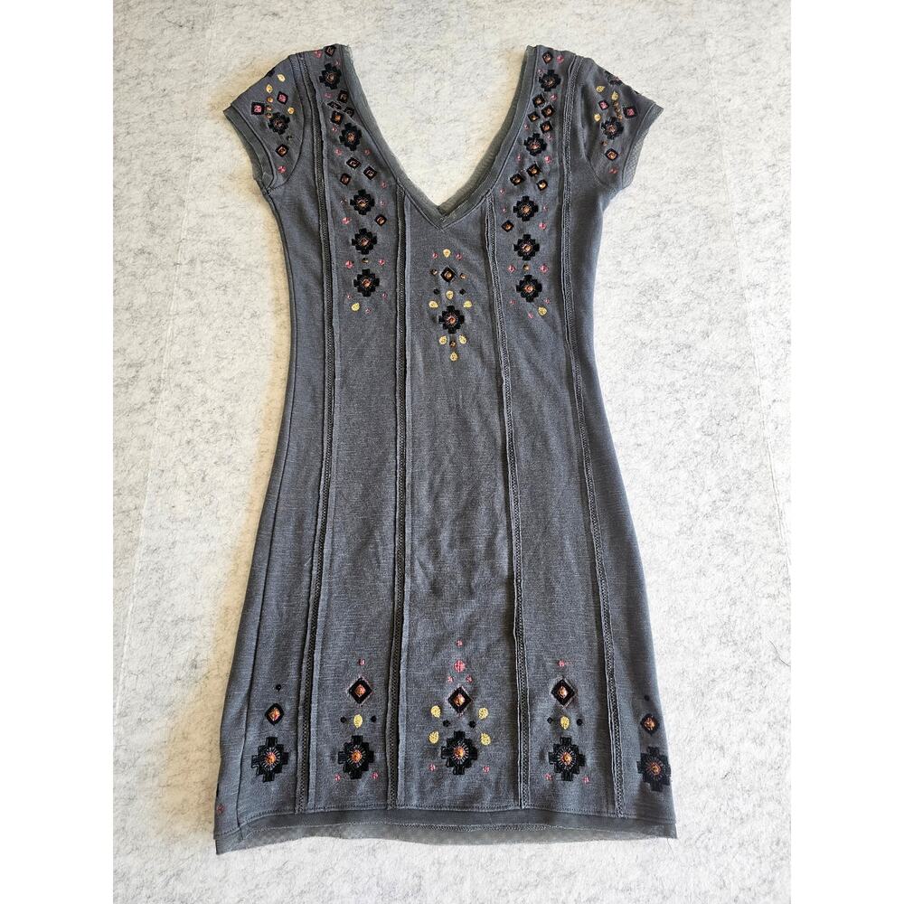 Free People Rich in Embroidery Mini Dress/ Gray, Sequins, Mesh Trim, New, Sz S - Picture 4 of 12
